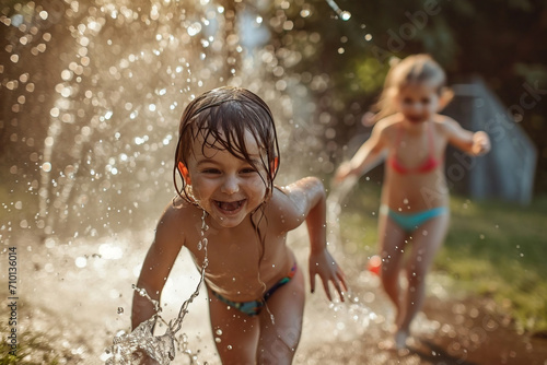 Small children in swimsuits run around and splash water on each other from a garden hose
