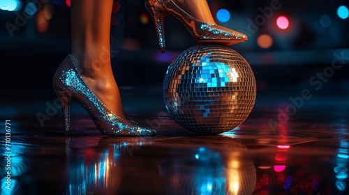 Woman feet in shiny luxury stilettos heels step on a silver sparkling disco ball on dark ball stage background with copy space, concept of party queen.