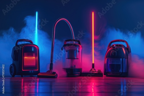 A group of vacuums sitting on top of a wooden floor. Ideal for showcasing cleaning tools and equipment.