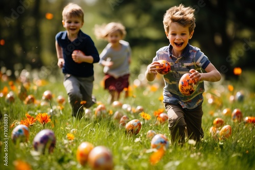 Joyful kids hunting easter eggs in a beautiful meadow surrounded by lush greenery