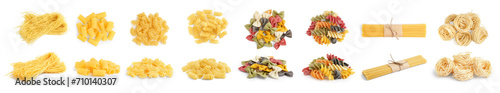 Collage of uncooked pasta on white background