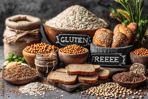 Bread with various ingredients and the inscription "gluten free". Background with text. Concept: organic and natural product, food with substitutes. Banner 