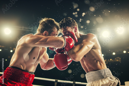 Strong muscular athletic boxers fight in the ring at an international match.