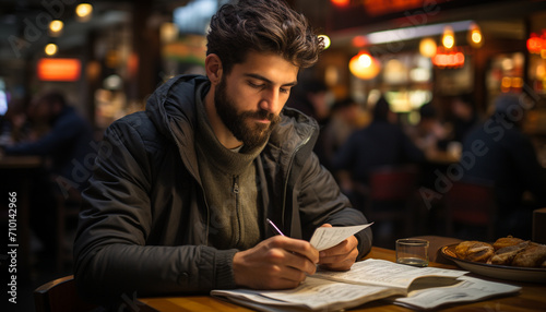 Young man sitting outdoors at night, reading and drinking generated by AI