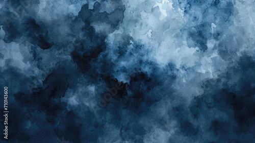 Chaotic brush strokes in black and navy blue create an abstract watercolor background, resembling a dramatic, stormy sky with clouds.