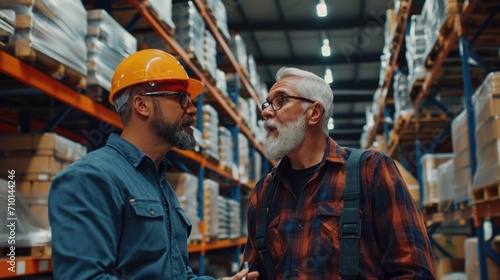 Two men in hard hats having a conversation in a warehouse. Suitable for industrial and construction themes