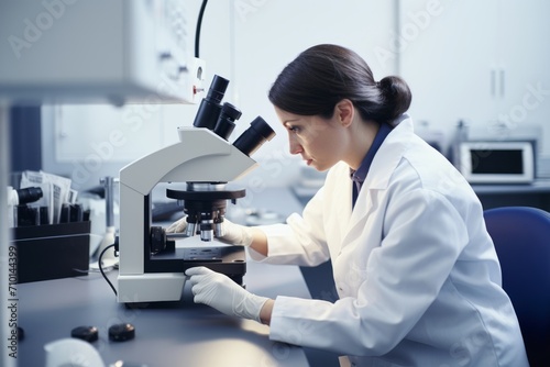 A professional portrait of a dedicated female dermatologist in her modern clinic, examining a skin sample under a microscope with a focused expression