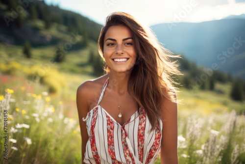 A radiant woman with a captivating smile, wearing a striped romper with a cinching waist belt, standing in a sunlit meadow filled with wildflowers, with a picturesque mountain range in the background