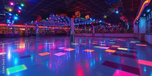 retro roller skating rink with colorful lights and disco music