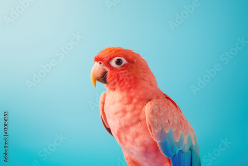 Close up of red and blue parrot in side view on plain blue background.