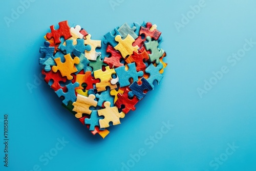 Heart made of colorful puzzle pieces on blue background, autism awareness concept.