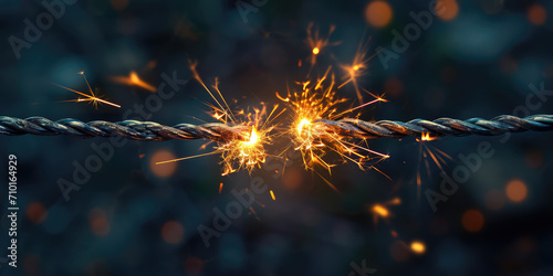 Electric Spark Between Two Bare Wires. A captivating close-up of electric spark igniting between twisted bare copper wires on a simple background with copy space.