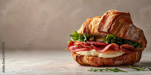 Toasted Croissant Sandwich with Salami and Mozzarella. Gourmet croissant sandwich with salami, mozzarella cheese, and fresh arugula on a flat background.