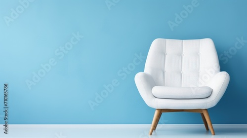 Modern white velour chair on wooden legs isolated on blue background copy space. AI generated image
