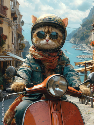 Cat in helmet riding on a vespa scooter 