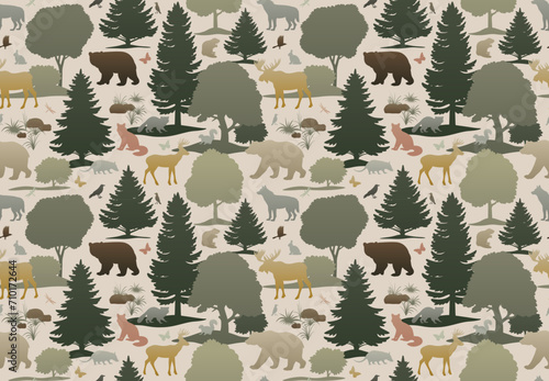 Animals and trees seamless pattern. Silhouette vector illustration on light background. Wallpaper design for home decoration, fabric and print.