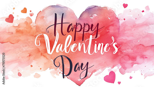 Watercolor Happy Valentine`s Day card, elegant lettering and red orange heart shape on white paper background. Concept of text, pastel design, love, handmade, water color