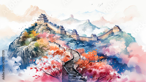 The famous Great Wall of China. Digital watercolor painting. Vector illustration. 