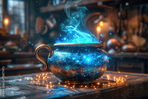Magical blue glowing potion in wizards workshop