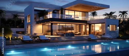 Contemporary dusk poolside view of a multi-story house