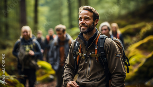 Group of men smiling, hiking in nature generated by AI