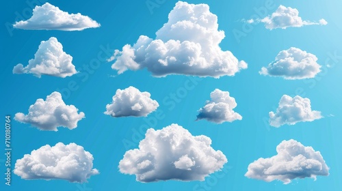 3d cloud. White cartoon fluffy clouds in bubble shape in blue sky, summer rounded cumulus icons. Weather forecast realistic symbols vector set. Outdoor nature, spring weather cloudscape