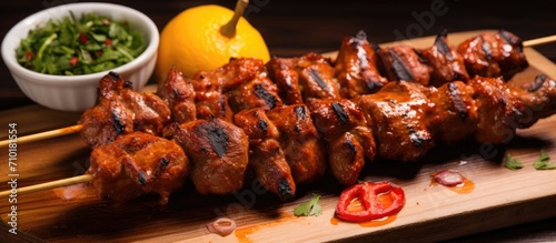 Spanish pork kebabs: Marinated pork grilled on skewers, with paprika aioli and lemon.