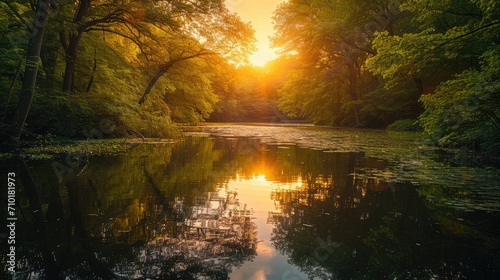 Sunset over a serene nature scene with lush greenery