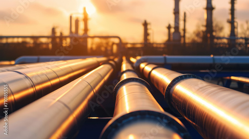 A large oil and gas pipeline in the midst of refining, with blurred background for added focus.