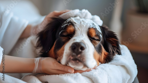 relaxed bernese mountain dog getting a massage at a spa