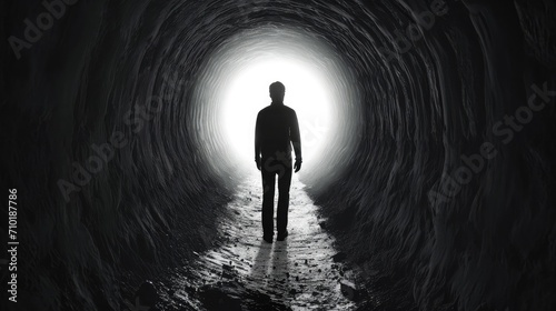 silhouette of man, shoulders slumped walking out of a dark tunnel towards a bright light