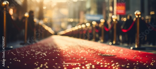 Blurred bokeh at movie premiere red carpet, flashing cameras, and celebrities amid crowd of fans