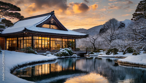 Serenity at sunset: Traditional Japanese house with a dark Onsen, nestled in a classic garden, embodying tranquility and timeless elegance
