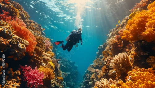 scuba dives in the tropical coral sea, beautiful coral reef