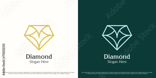 Diamond gem logo design illustration. Line art shape accessories gift jewelry shop diamond gem emerald crystal beauty brilliant fashion glamour. Luxury elegant geometric simple object icon symbol.