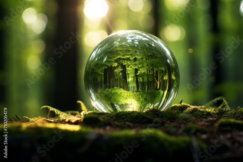 Earth Day - Environment - Green Globe in Forest with Moss and Defocused Sunlight