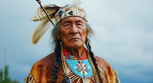 Ancestral Wisdom: Portrait of Native American Elder in Traditional Attire Holding a Sacred Object