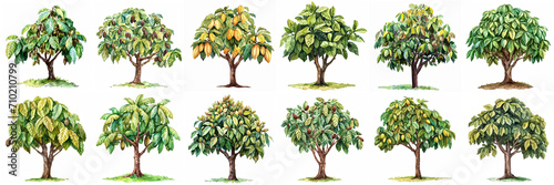Set of cocoa tree watercolor illustration isolated on white background