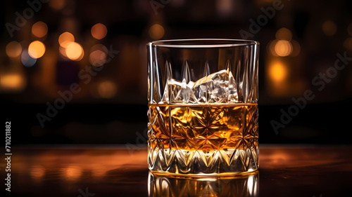A close up of whiskey drink in a whiskey glass on a bar table