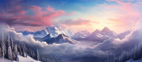 Winter mountain panorama and colorful sky, showcasing Tatra mountains and enchanting unspoiled scenery.