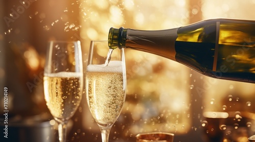 Elegant shots of a champagne bottle popping open and champagne being poured into flutes during a celebration, 