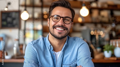Smiling man with glasses in a cafe environment