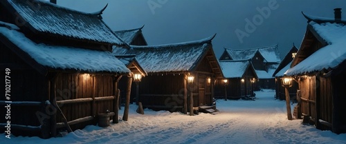 9th century Northern Europe Viking tribes in winter. Council hall. shrine barrel wooden fence. Small huts. stables . street. square location in the center of the tribe, surrounding wooden houses. AI