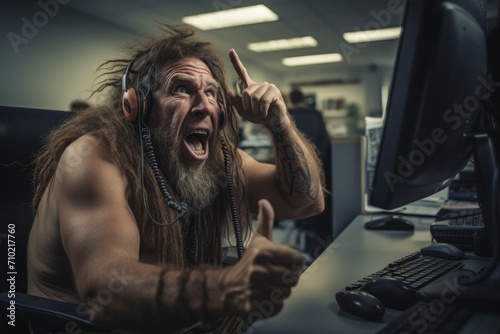 Caveman Professionalism: In the Chaos of an Office, a Neanderthal Screams while Colleagues Engage in Toxic Behavior - A Dark Depiction of Toxic Leadership and a Disrespectful Work Environment.