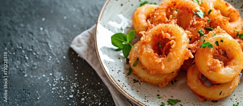 Cheesy onion rings served on an elegant plate with a stylish flatlay.