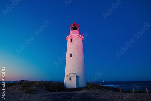 Beautiful lighthouse on the coast during blue hour in the sunrise at summertime with a blue sky without any cloud.