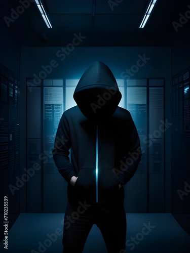 hacker with hood and mask in dark background