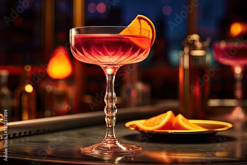 A bar setting with a closeup view of a glass filled with a cosmopolitan cocktail, garnished with a slice of orange.
