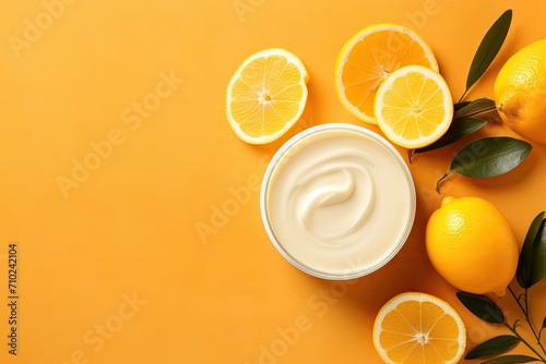 Natural face mask ingredients for glowing and healthy skin Top view of yogurt lemon and honey on orange background Beauty skincare concept Flat lay Copy space