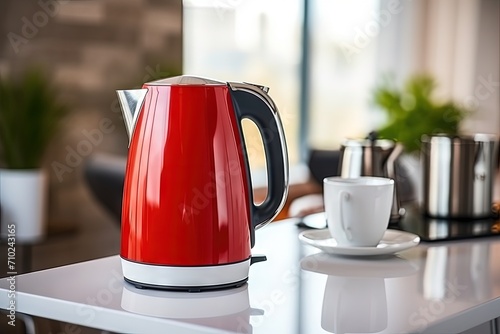 Red electric kettle with a white cup in the kitchen at home